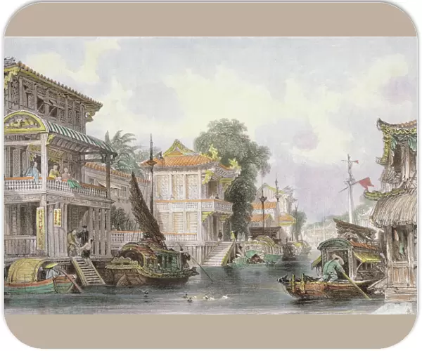 Scene on the Horan Canal near Canton, c. 1850 (colour litho)