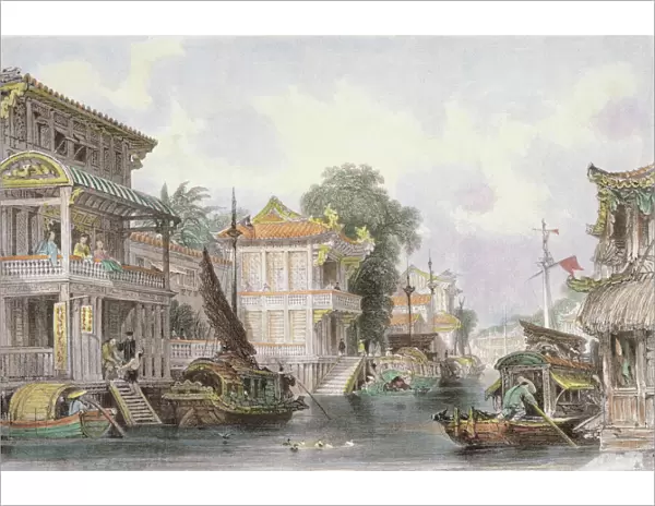 Scene on the Horan Canal near Canton, c. 1850 (colour litho)