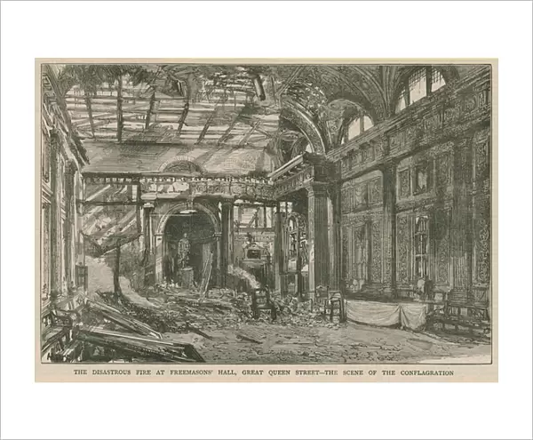 The disasterous fire at Freemasons Hall, Great Queen Street, London (engraving)