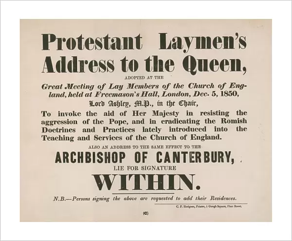 Advert for the Protestant Laymans Address to the Queen (engraving)