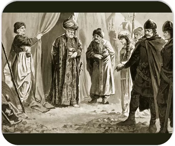 Ivan Shishman III delivers up his sister to Sultan Murad I, 1366 (litho)