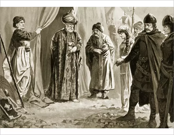 Ivan Shishman III delivers up his sister to Sultan Murad I, 1366 (litho)