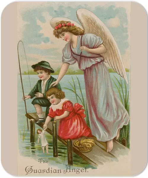 The Guardian Angel, protecting boy, girl and doll fishing (chromolitho)