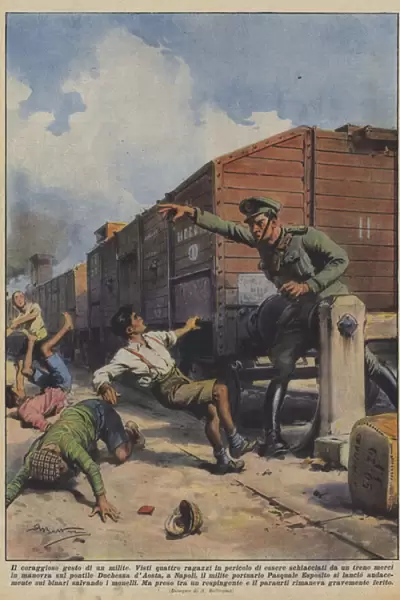 The courageous gesture of a soldier (colour litho)