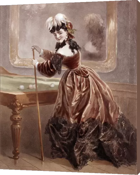 A courtesan at the time of the 2nd Empire playing billiards (colour engraving)