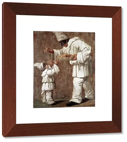 Pulcinella giving pasta to a little Pulcinella, 19th century (painting)