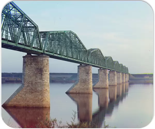 Trans-Siberian Railway metal truss bridge on stone piers
