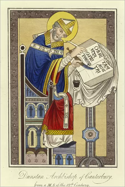St Dunstan, Archbishop of Canterbury (coloured engraving)