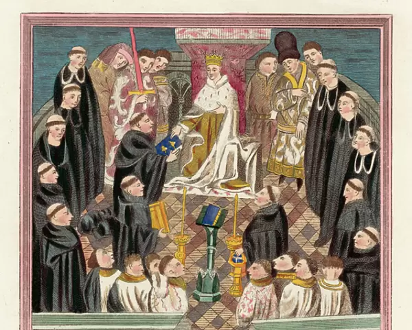 King Henry VI and his Parliament at Bury (coloured engraving)