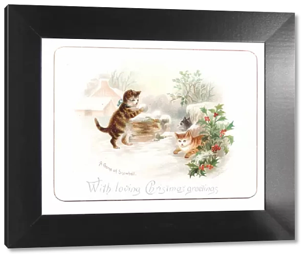A Victorian Christmas card of kittens throwing snowballs in the snow, c