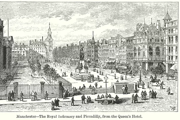 Manchester - The Royal Infirmary and Piccadilly, from the Queens Hotel (engraving)