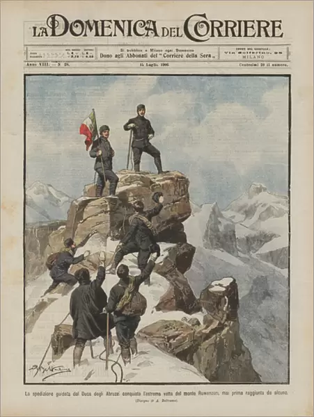 The expedition led by the Duke of Abruzzi conquers the extreme peak of Mount Ruwenzori... (colour litho)
