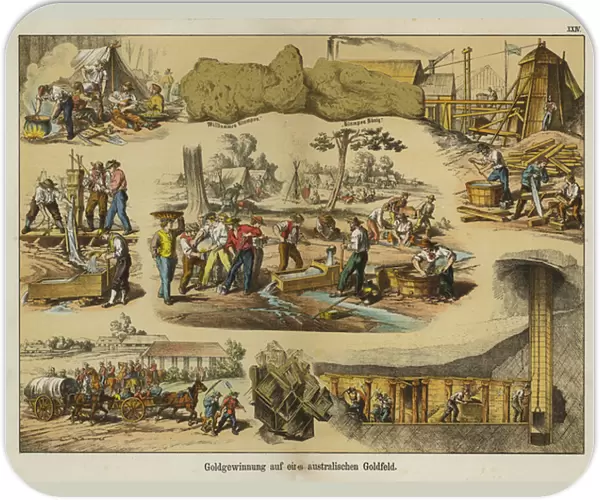 Gold mining in the goldfields of Australia (colour litho)