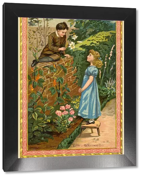 Boy sitting on a wall offering flowers to a girl (chromolitho)