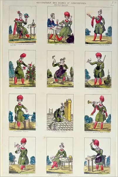Saint-Simonian Women and their occupations, c. 1830 (colour litho)