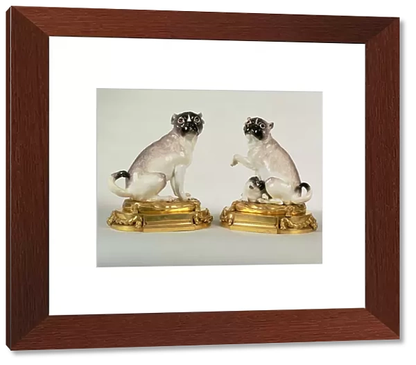 Pair of Meissen porcelain figures of pug dogs mounted in Louis XVI ormolu, c