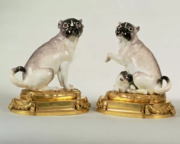 Pair of Meissen porcelain figures of pug dogs mounted in Louis XVI ormolu, c