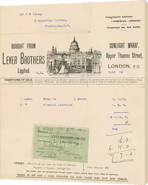 Receipt for Lever Brothers Limited (engraving)