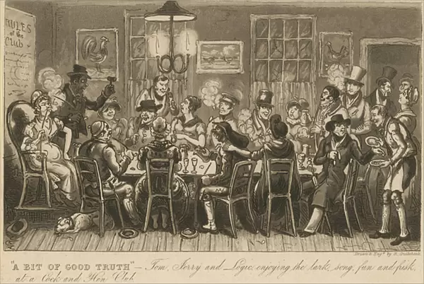 A bit of good truth; Tom, Jerry and Logic enjoying the lark song, fun and frisk at the Cock and Hen Club (engraving)