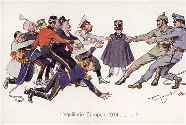 WW1 Allies playing tug of war with Central Powers (colour litho)