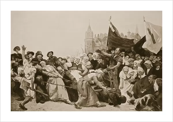 Alvas statue being dragged through the streets of Antwerp (litho)