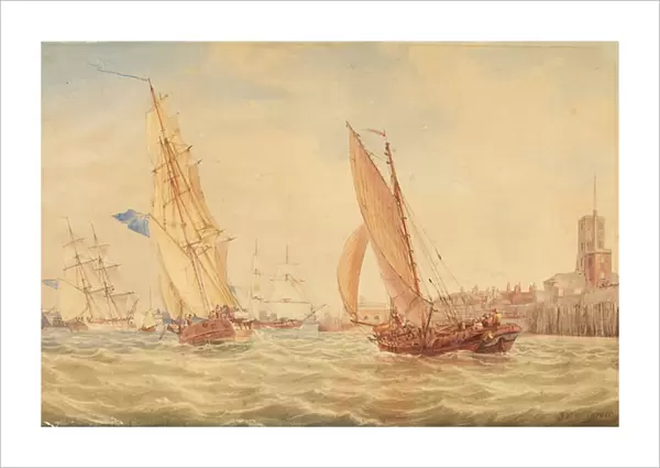 Three sloops of war and a fishing smack going into habour, Portsmouth, c