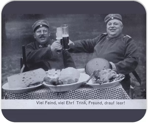 German soldiers enjoying a meal and beer (b  /  w photo)