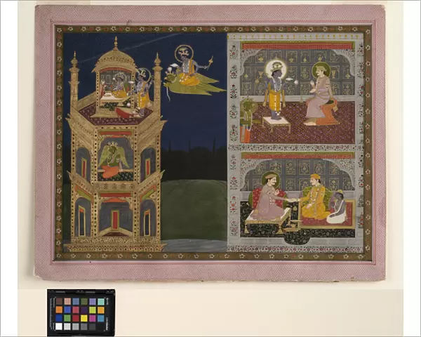 Vishnu approaches a golden tower on Garuda, c. 1825 (opaque w  /  c and gold on paper)