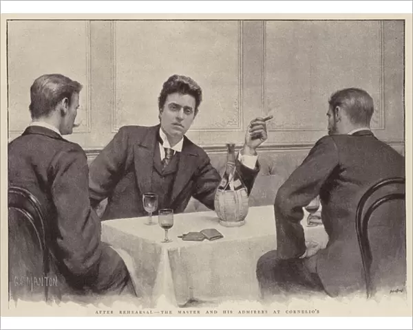 Italian composer Pietro Mascagni enjoying a bottle of wine at Cornelios restaurant, Florence, Italy, after a rehearsal (litho)