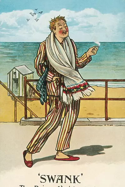 Man strolling along the seafront in his pyjamas in the morning (chromolitho)