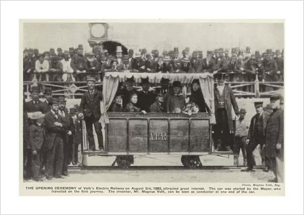 Opening ceremony of Magnus Volks Electric Railway on the seafront at Brighton, Sussex, 3 August 1883 (b  /  w photo)