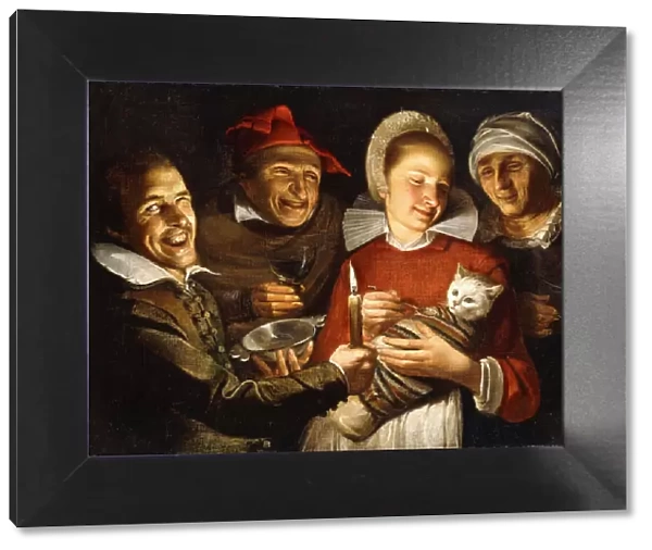 A Dutch Proverb - A women feeding a bound cat, surrounded by men, (oil on canvas)
