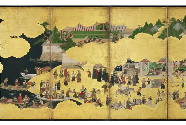 Nanban Six-Fold Screen Depicting the Arrival of a Portuguese Ship for Trade