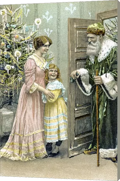 Victorian Christmas card featuring Father Christmas wearing a green suit (litho)
