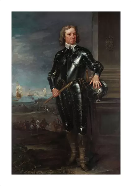 Portrait of Oliver Cromwell (1599-1658) in Armour, a Seascape and Battle Beyond