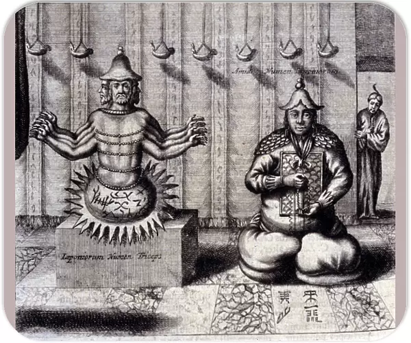 On the left, Hindu deity has eight arms, on the right Amida, Japanese Buddha