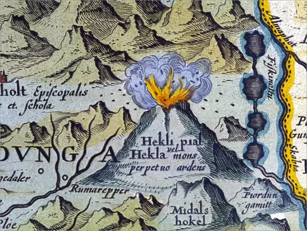 Hekla volcano in Iceland. Atlas of Abraham Ortelius, Amsterdam 1588