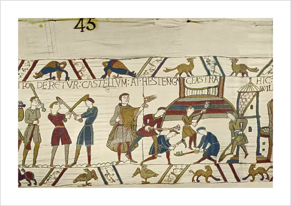 Normans construct fortifications at Hastings, Bayeux Tapestry (wool embroidery on linen)