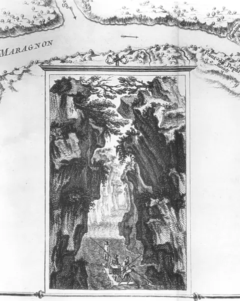 Cartouche depicting La Condamine on a raft on the Amazon