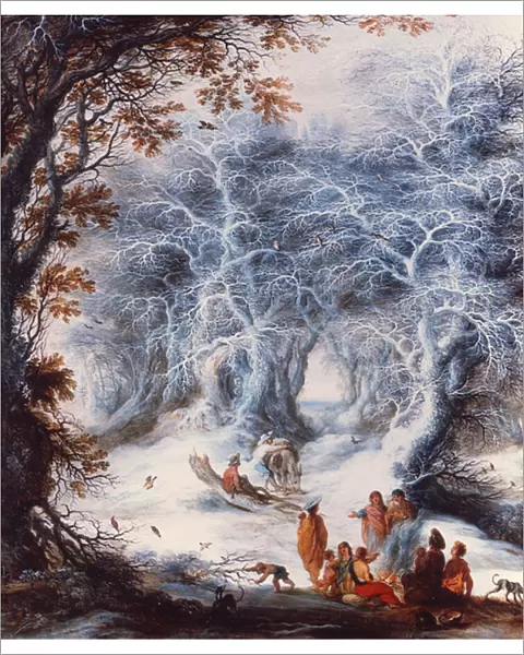 Winter Landscape with a Gypsy Encampment (oil on panel)