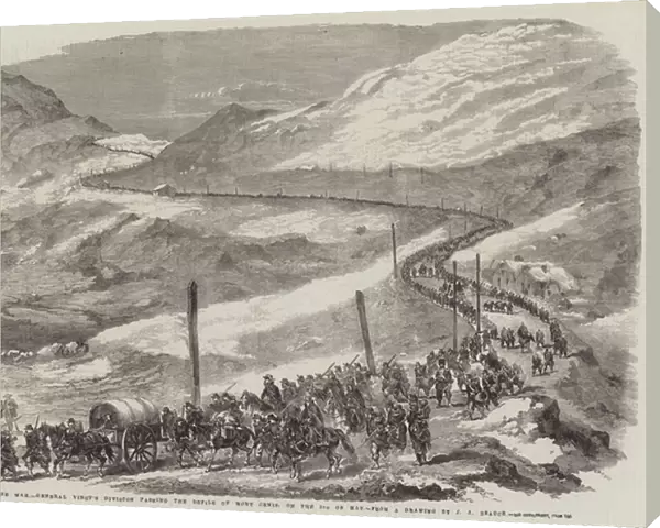 The War, General Vinoys Division passing the Defile of Mont Cenis, on the 5 May (engraving)