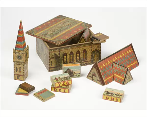 Toy building bricks, 1860-1900 (wooden blocks covered with transfer printed paper)