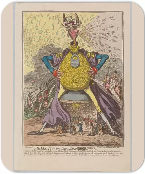 Midas, Transmuting all into [Gold] Paper, pub. 1797 (hand coloured engraving)