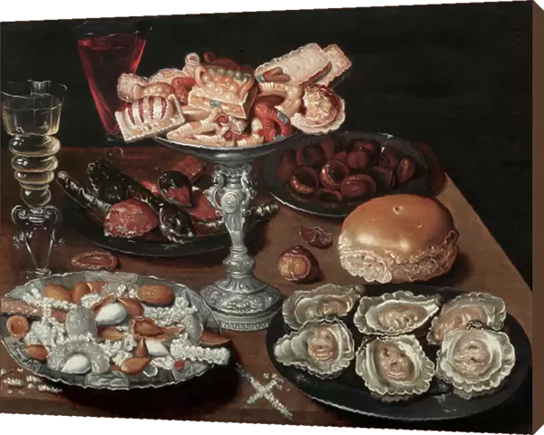 Almonds, Oysters, Sweets, Chestnuts, and Wine on a Wooden Table, c. 1605-30 (oil on panel)