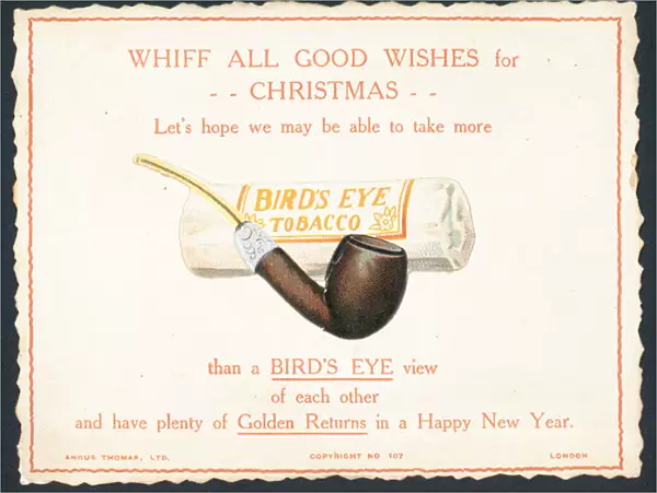 Birds Eye Tobacco and Pipe, Christmas  /  New Year Card (chromolitho)