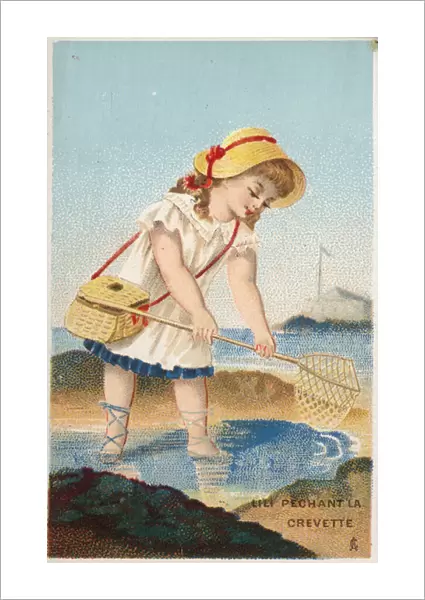 Girl fishing for shrimps (chromolitho)