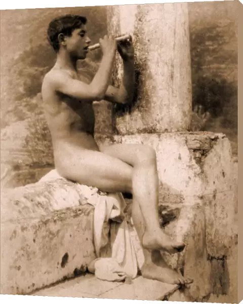 Study of a boy playing a flute, c. 1900 (sepia photo)