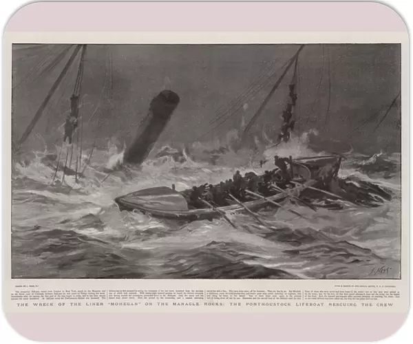 The Wreck of the Liner 'Mohegan'on the Manacle Rocks, the Porthoustock Lifeboat rescuing the Crew (litho)