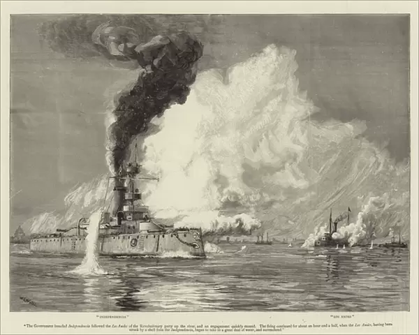 The Revolt in Argentina, the Engagement between the Ironclads 'Independencia'and 'Los Andes'on the River Parana, off Rosario (engraving)