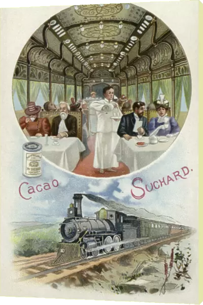 Drinking Suchard cocoa in the dining car of a train (chromolitho)